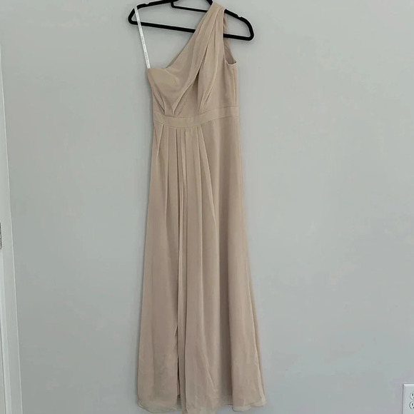 David's Bridal Champagne Long One Shoulder Chiffon Dress - Picture 1 of 6